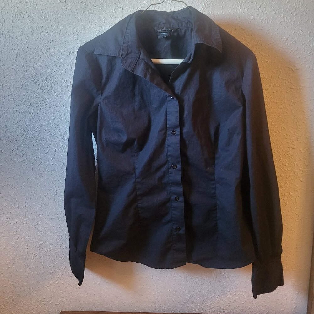 Moda International women's button down black long sleeve shirt. Small.